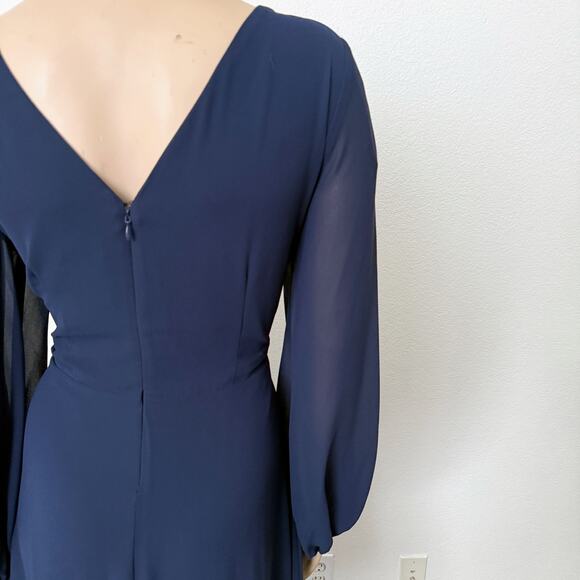 [Marina] Navy Blue Chiffon V-Neck Faux Wrap Brooch Balloon Sleeve Midi Dress 12 - Picture 9 of 11